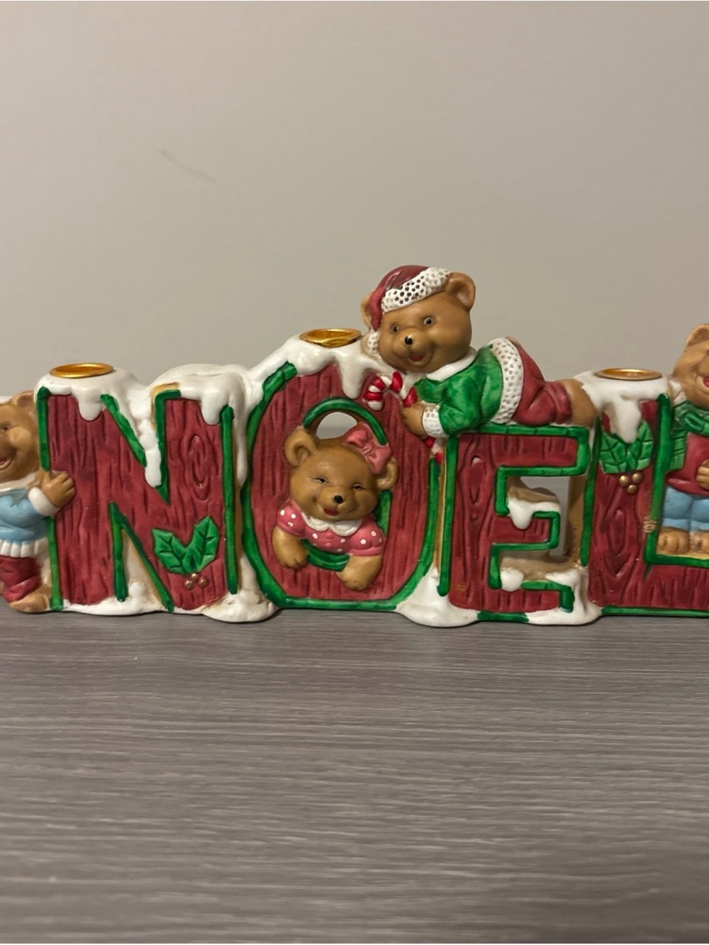Vintage Ceramic Christmas Noel teddy Bears Tapered Candle Holder Decoration